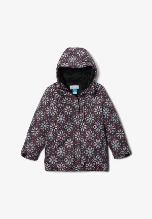 Giacca a vento imbottita con cappuccio, caratterizzata da uno sfondo scuro e un motivo geometrico di fiocchi di neve nei colori rosso, bianco e grigio. Chiusura con zip.