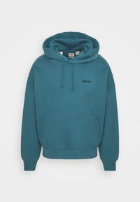 Felpa teal di Levi's con cappuccio regolabile, tasca a marsupio e polsini a costine. Presenta un piccolo logo nero sulla parte anteriore. Materiale morbido.