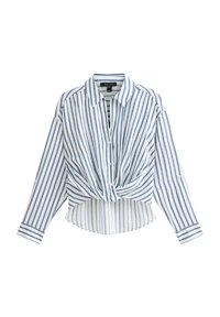 Gestreifte Hemdbluse in Blau und Weiß, mit einem geknoteten Frontdetail, langen Ärmeln und geradem Saum. Hergestellt aus leichtem Stoff.
