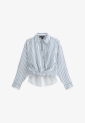 Camisa de botón a rayas en azul y blanco, con un detalle de nudo en el frente, mangas largas y un dobladillo recto. Hecha de una tela ligera.