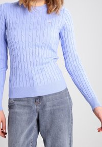 Jasnoniebieski sweter z dzianiny o prążkowanej teksturze, z wzorem w warkocze, długimi rękawami i okrągłym dekoltem. Małe logo na klatce piersiowej.