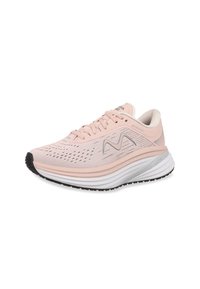 Zapato deportivo rosa claro con parte superior de malla, diseño con cordones, acentos plateados, media suela blanca acolchada y suela exterior negra texturizada para tracción.