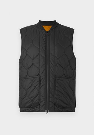 Gilet rembourré noir avec une fermeture éclair à l'avant, un col rond et deux poches avant. Doublé avec un tissu orange à l'intérieur.
