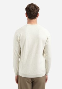 Lichtgrijze gebreide trui met een ronde hals, met ribbelmanchetten en onderrand, van achteren getoond op een model dat beige broeken draagt.