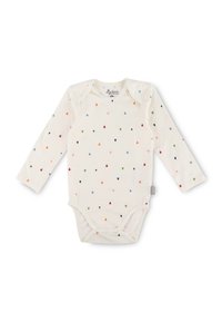 Langärmliger Baby-Bodysuit aus weichem Creme-Stoff mit einem sich wiederholenden Muster aus kleinen, bunten Dreiecken. Druckknopfverschluss am Boden.