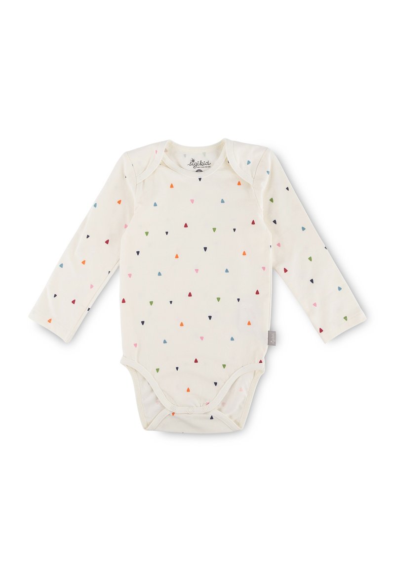 Langärmliger Baby-Bodysuit aus weichem Creme-Stoff mit einem sich wiederholenden Muster aus kleinen, bunten Dreiecken. Druckknopfverschluss am Boden.