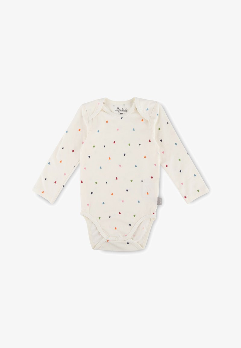 Langärmliger Baby-Bodysuit aus weichem Creme-Stoff mit einem sich wiederholenden Muster aus kleinen, bunten Dreiecken. Druckknopfverschluss am Boden.