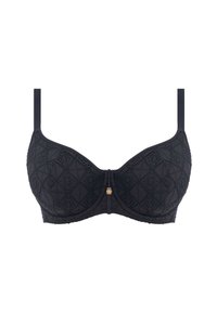 Soutien-gorge nero con motivo geometrico testurizzato, supporto con ferretto, spalline regolabili e un fermaglio decorativo centrale. Finitura in tessuto morbido.