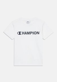 Hvit bomull T-skjorte med en stor svart "CHAMPION" logo på fronten. Kort erm og rund halsdesign.