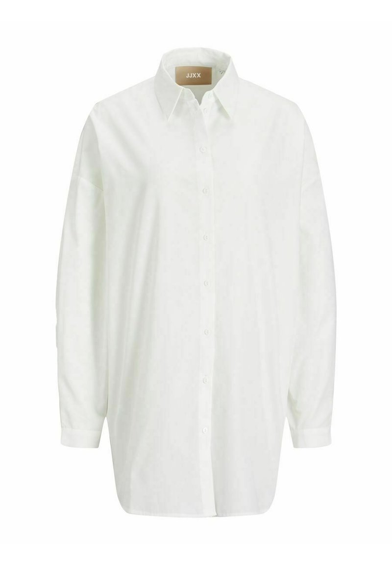 Camicia bianca a maniche lunghe realizzata in tessuto leggero, con apertura frontale a bottoni, colletto classico e vestibilità rilassata con spalle scese.