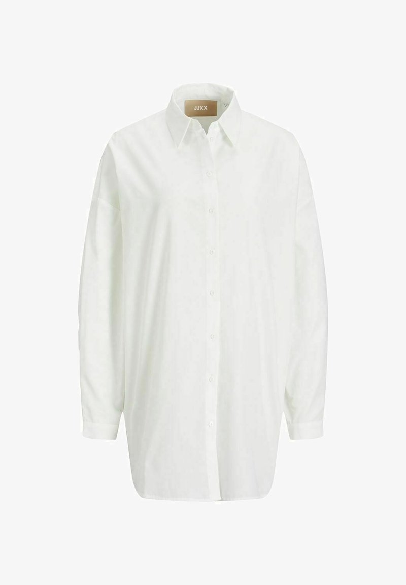 White long-sleeve shirt made of lightweight fabric, featuring a button-down front, classic collar, and relaxed fit with dropped shoulders.