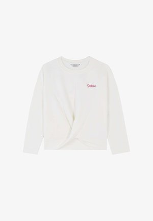 Witte lange mouwen top met een gedraaide voorzijde en een lichtroze "Scalpers" logo op de borst. Gemaakt van een zachte stof met een gladde textuur.