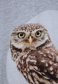 Detailní ilustrace sovy s žlutýma očima a hnědým peřím na šedém textilním pozadí.