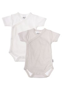 Two baby bodysuits: one solid white and one light gray with thin stripes. Both feature short sleeves and a wrap design with snap closures.