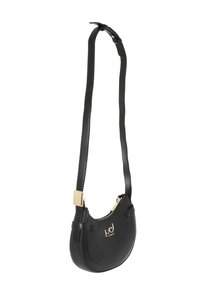 Borsa a tracolla in pelle nera con zip dorata e logo, tracolla regolabile con fibbia dorata e forma a mezzaluna arrotondata.