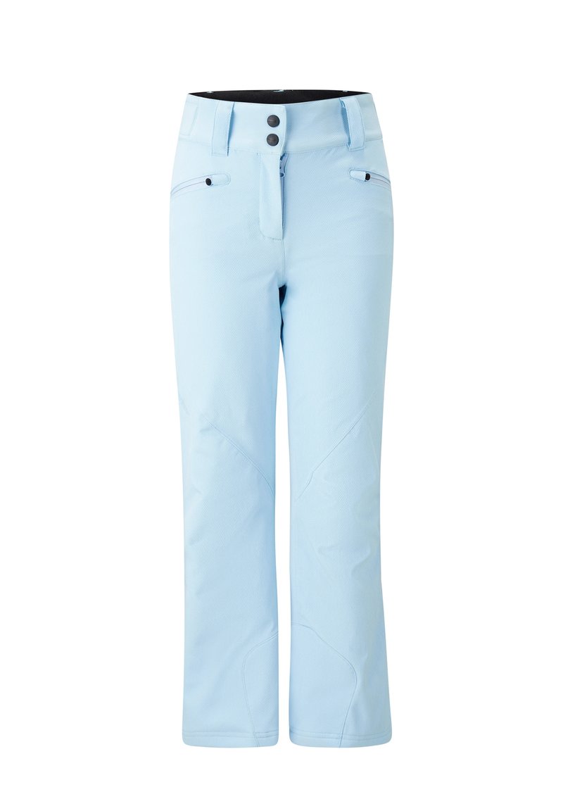 Hellblaue wasserdichte Skihose mit einem Reißverschlusstasche, Gürtelschlaufen und einer strukturierten Oberfläche. Verfügt über zwei Knöpfe am Bund.