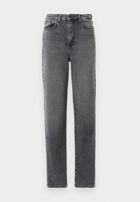 Jean en denim noir délavé, coupe droite, avec poches avant et fermeture par bouton à la taille.