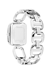 Uhr aus Edelstahl mit quadratischem Zifferblatt und verlinktem Kettenarmband, polierte Silberoberfläche, mit minimalistischem Ziffernblatt und eingravierten Logo-Details.