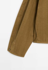 Camicia in cotone marrone con righe verticali, maniche lunghe, orlo arrotondato e dettaglio con bottoni ai polsini. Tessuto strutturato, design sartoriale.