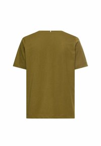 Plain olive green short-sleeve t-shirt shown from the back with a crew neckline and simple stitching details.