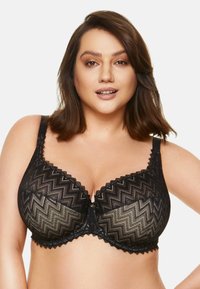 Czarny biustonosz z geometrycznym wzorem w zygzak, koronkowym wykończeniem, wsparciem w postaci drucików oraz małą dekoracyjną kokardką na środku.