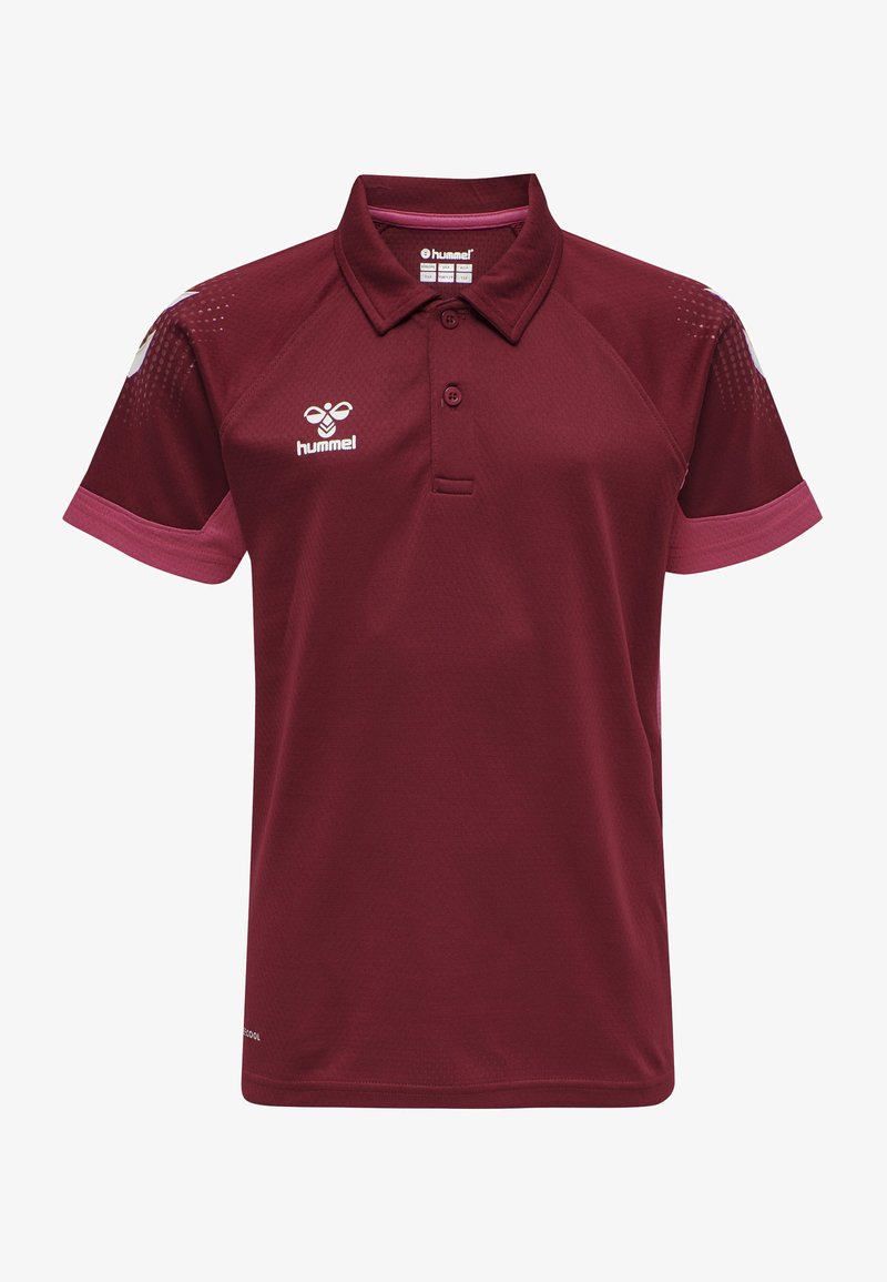 Burgunderfarbendes Poloshirt mit kurzen Ärmeln, Kragen und Knöpfen. Verfügt über hellere burgunderfarbene Akzente an den Ärmeln und eine Netztextur auf den Schultern.
