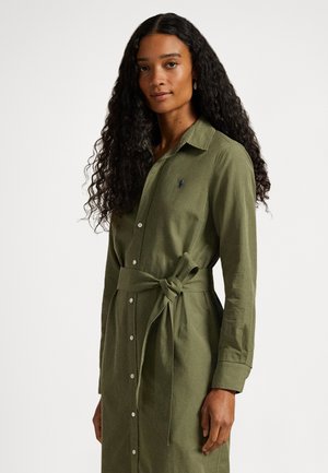 COTTON-LINEN BELTED SHIRTDRESS - Skjortekjole - supply olive