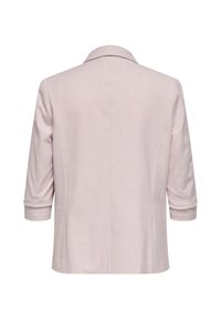 Ροζ ανοιχτό σακάκι με κλασικό γιακά, μανίκια τριών τετάρτων και λείο υφασμάτινο υφή. Διαθέτει εφαρμοστή γραμμή και ελάχιστες λεπτομέρειες.