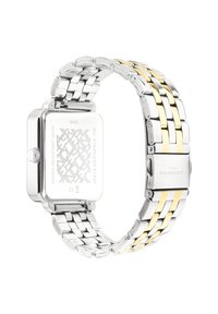 Edelstahlarmbanduhr mit einem silbernen und goldenen Zweiton-Armband, rechteckigem Zifferblatt, graviertem Gehäuserücken und wasserdicht bis 3 ATM.