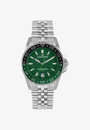 Orologio in acciaio inossidabile argentato con quadrante verde testurizzato, lunetta nera, indicatori delle ore e visualizzazione della data. Resistente all'acqua fino a 20 ATM.