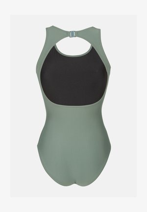 Eén-onderdeel badpak in gedempt groen met een zwarte binnenvoering, voorzien van een racerback-ontwerp en een sleutelgat uitsnijding aan de achterkant.