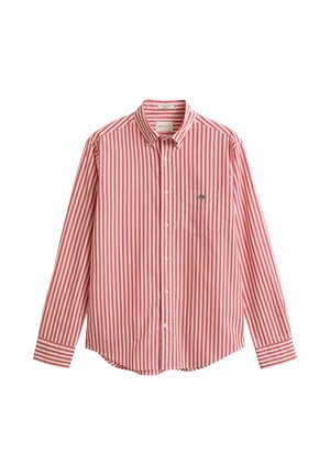 Rot-weiß gestreiftes langärmeliges Hemd mit Knöpfen, Brusttasche und Knopfkragen.