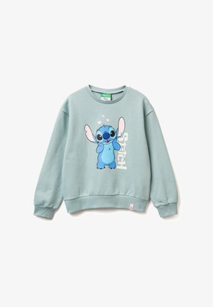 Sudadera azul clara de algodón, con un personaje de dibujos animados con grandes orejas y corazones, junto a la palabra "Stitch" impresa en blanco.