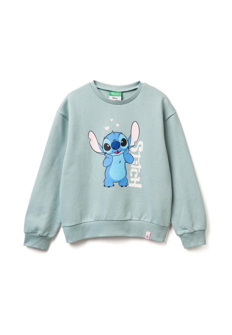 Světle modrá mikina vyrobená z bavlny, se znakem kreslené postavičky s velkými ušima a srdíčky, vedle slova "Stitch" vytištěného na bílo.