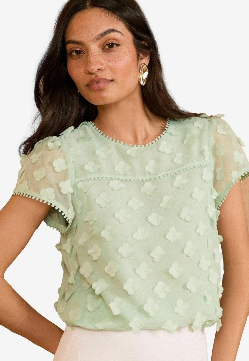 Ljusgrön blus med korta ärmar, texturerat blommönster och dekorativ pipning längs halsringningen. Det genomskinliga tyget ger en lätt känsla.