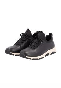 Black leather sneakers with lace-up design, contrasting cream sole, and reinforced toe cap. Soft upper fabric for comfort and flexibility.