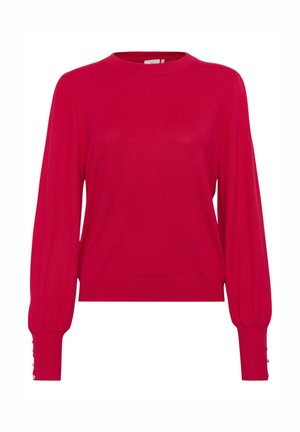 Roter Strickpullover mit rundem Halsausschnitt, langen Ballonärmeln und Knopfdetails an den Bündchen. Glatte Textur und taillierte Passform.