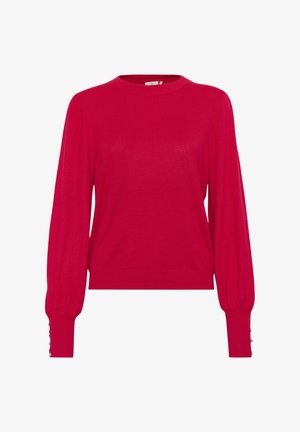 Red knit sweater with a round neckline, long balloon sleeves, and button accents at the cuffs. Smooth texture and fitted design.