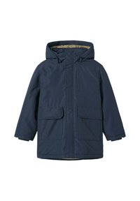 Parka isolante bleu marine avec capuche, dotée d'une doublure intérieure douce, de deux poches avant et d'un extérieur lisse et élégant.
