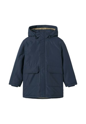 Parka isolante bleu marine avec capuche, dotée d'une doublure intérieure douce, de deux poches avant et d'un extérieur lisse et élégant.
