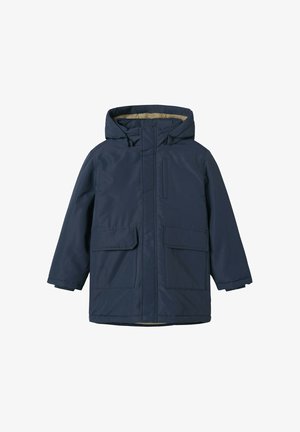 Parka isolante bleu marine avec capuche, dotée d'une doublure intérieure douce, de deux poches avant et d'un extérieur lisse et élégant.