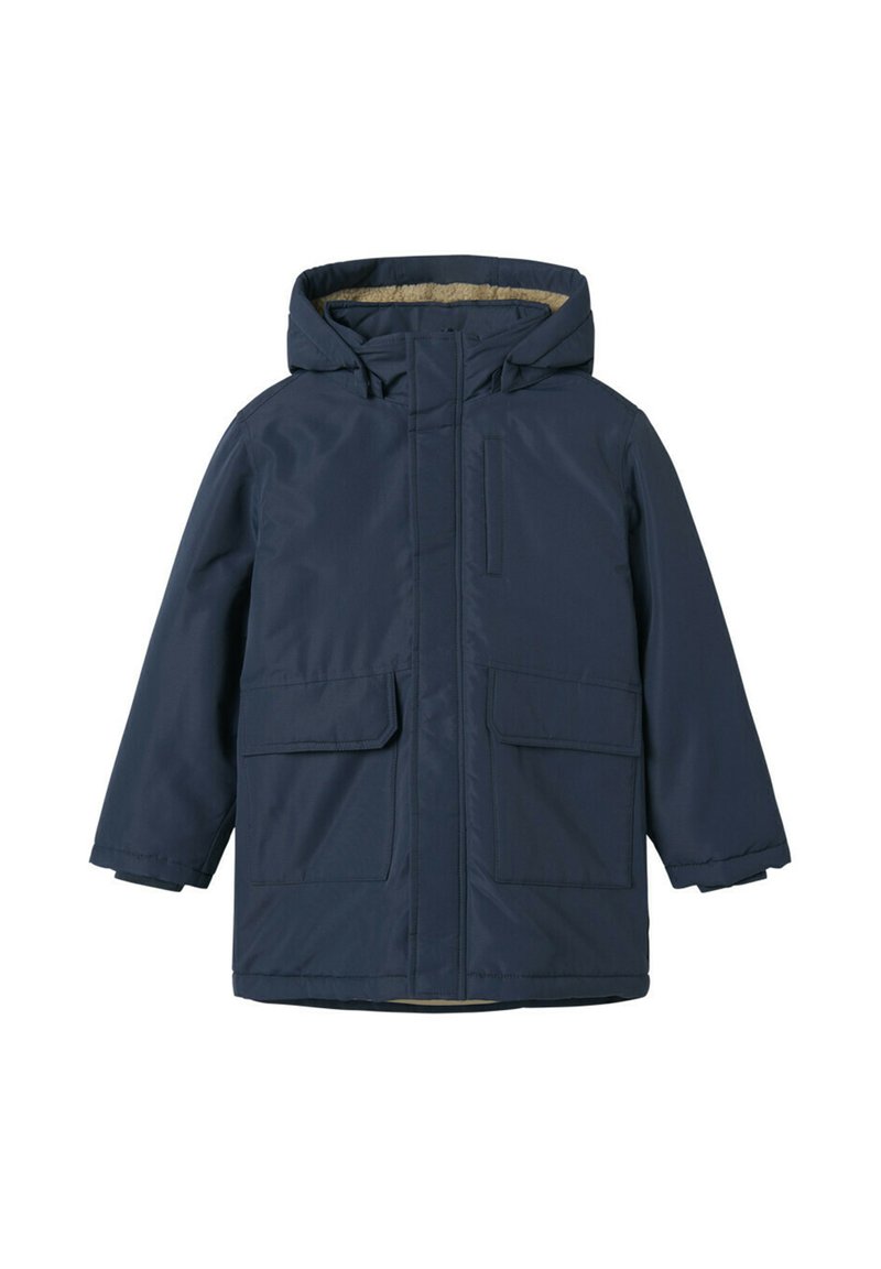 Parka isolante bleu marine avec capuche, dotée d'une doublure intérieure douce, de deux poches avant et d'un extérieur lisse et élégant.