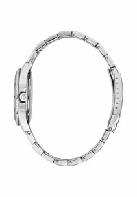 Orologio in acciaio inossidabile argento con cassa rotonda, lunetta liscia e bracciale a maglie, con corona testurizzata e fori di regolazione sulla fibbia.