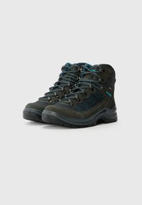 Scarpe da trekking di colore grigio scuro con accenti neri e teal, dotate di una tomaia testurizzata, colletto imbottito e suola in gomma resistente con buona trazione.