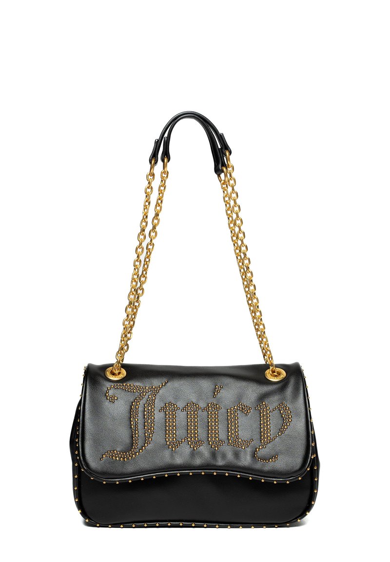 Borsa a mano in pelle nera con tracolla in catena dorata, con dettagli in strass che formano la scritta "Juicy" sulla parte anteriore e borchie dorate lungo i bordi.