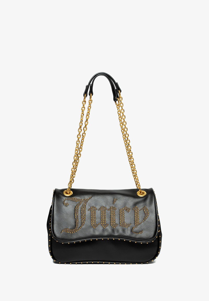Borsa a mano in pelle nera con tracolla in catena dorata, con dettagli in strass che formano la scritta "Juicy" sulla parte anteriore e borchie dorate lungo i bordi.
