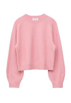 Rosa bauchfreier Pullover aus weichem Stoff. Verfügt über gerippten Halsausschnitt und Bündchen, mit überschnittenen Schultern und einem klaren, einfachen Design.