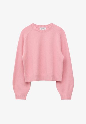 Różowy krótki sweter wykonany z miękkiej tkaniny. Posiada prążkowany dekolt i mankiety, opuszczone ramiona oraz czysty, prosty design.