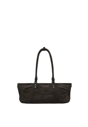 Dunkelbraune rechteckige Handtasche mit langen Schulterriemen und dekorativer Naht vorne, auf weißem Hintergrund dargestellt.