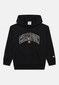 Felpa con cappuccio nera in misto cotone, caratterizzata da un grande logo "CHAMPION" in bianco, tasca a marsupio frontale e logo su una manica.